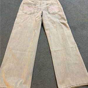 Edikted Beige Flare Jeans with Pink Stitching